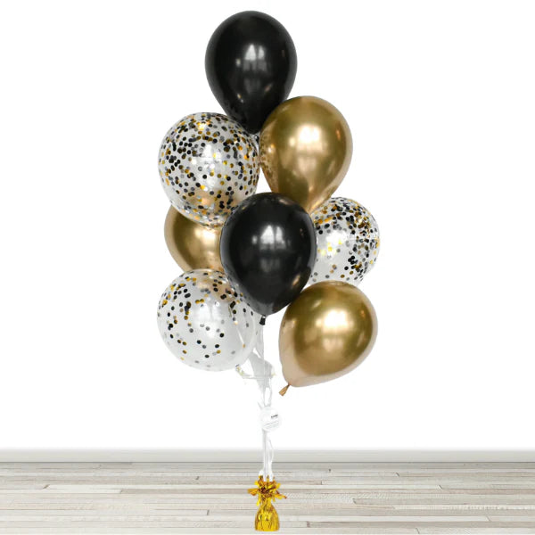 Black, White, and Chrome Gold Confetti Balloon Bouquet - 10 Balloons