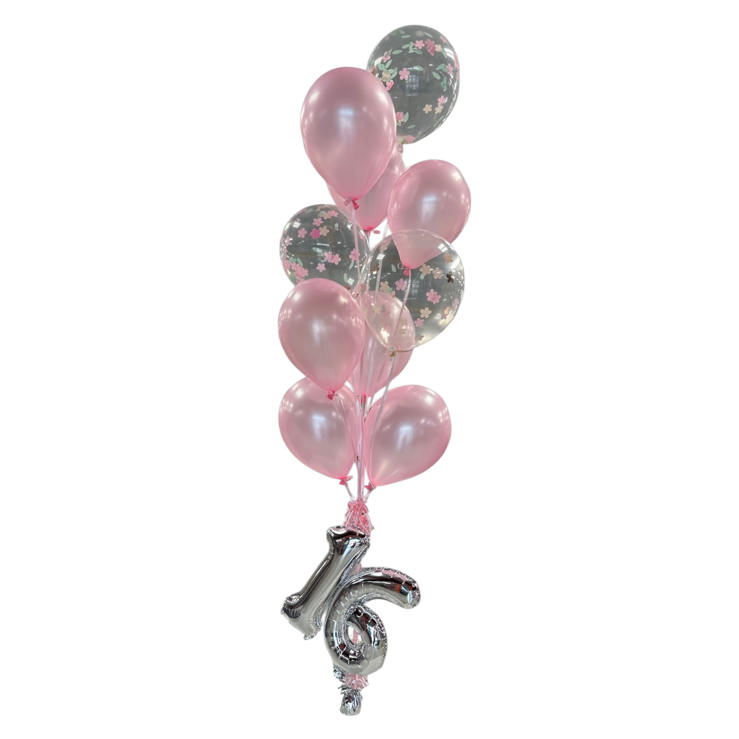 Confetti Balloon Bouquet Pink and Silver with 16" Number - 10 Balloons