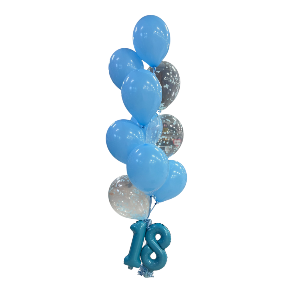 Confetti Balloon Bouquet Blue and Silver with 16" Number - 10 Balloons